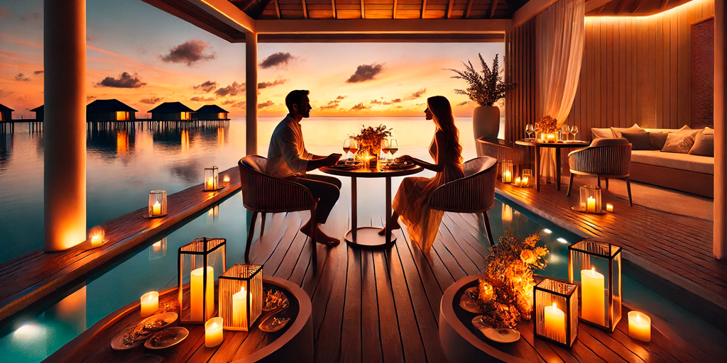 Estilo y Finanzas, cena romántica, Banyan Tree Mayakoba, tarjeta de crédito, las mejores tarjetas de crédito, pareja cenando al atardecer en una terraza privada.